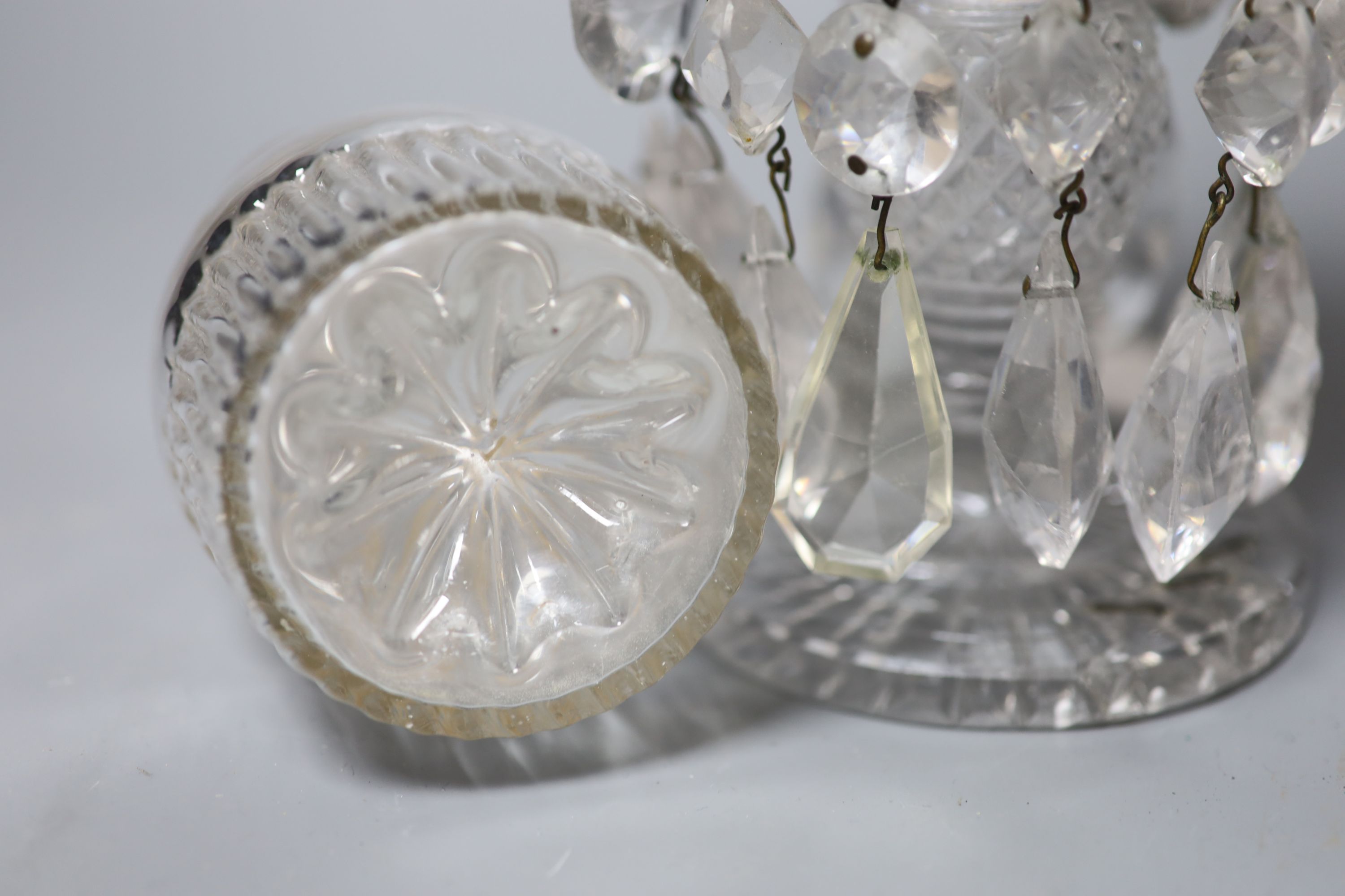 A small 19th century gilt glass decanter and a Regency glass lustre, tallest 25cm